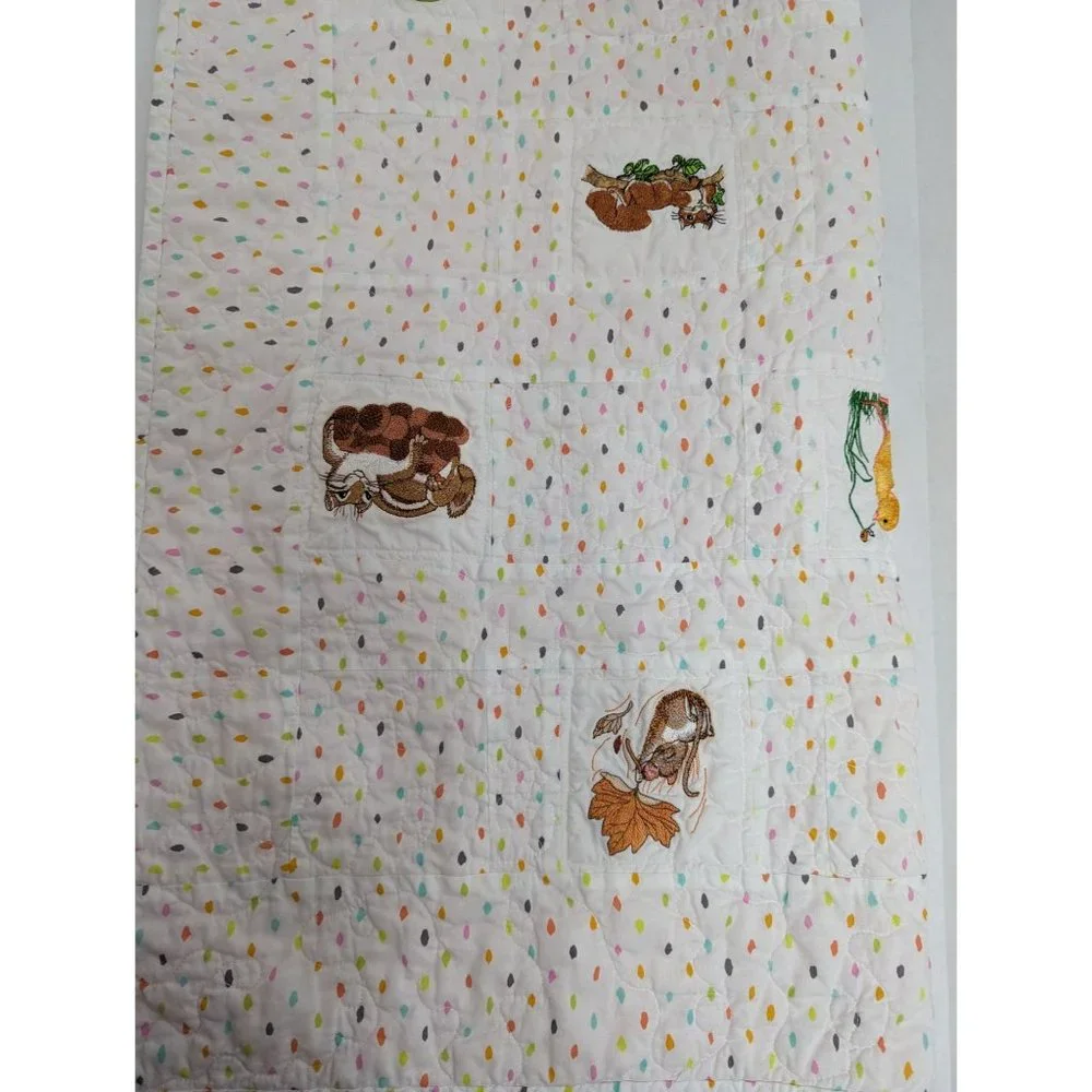 37x40 Baby Quilt Lap Blanket white orange embroidered woodland creatures cottage